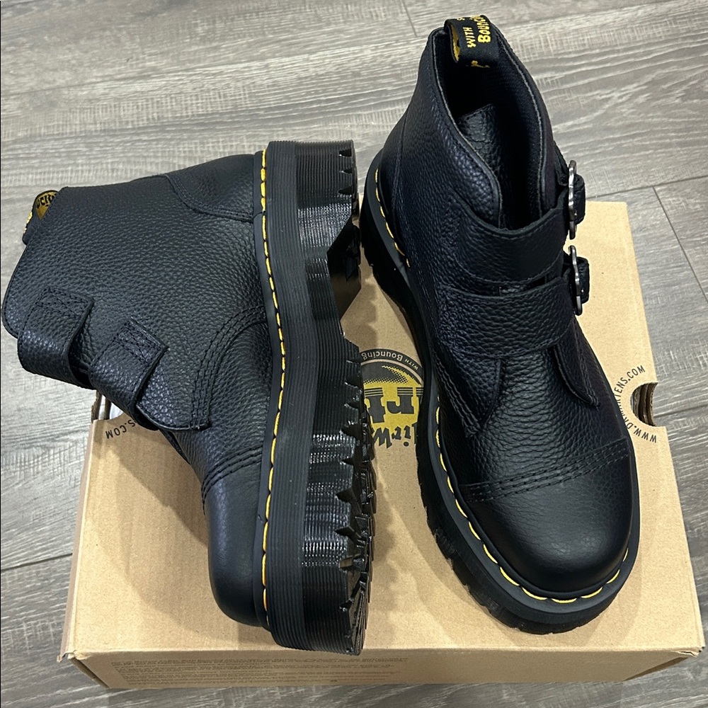 (Sold)Dr. Martens DEVON FLOWER BUCKLE MILLED NAPPA LEATHER PLATFORM BOOTS - Picture 7 of 9